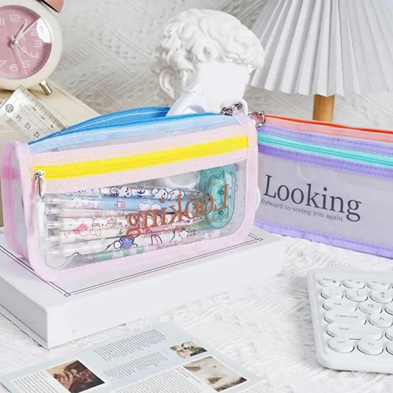 High Capacity Pen Bag Clear Mesh Pencil Case Double Layered Pen Organizers K1KF Quake