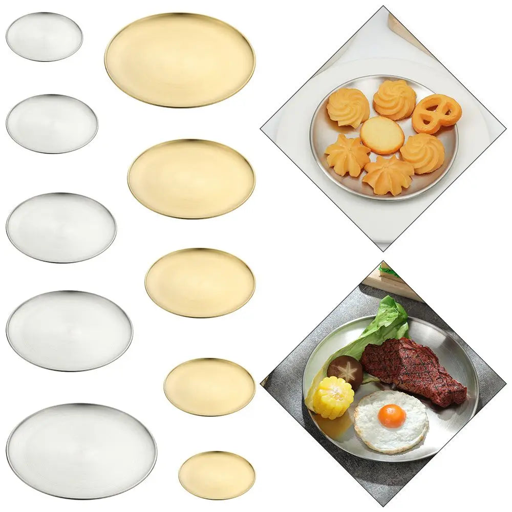14/17/20/23/26CM Stainless Steel Bone Spitting Dish Gold Silver Shallow Tray Metal Dining Disc Round Plate Dessert Tableware Quake