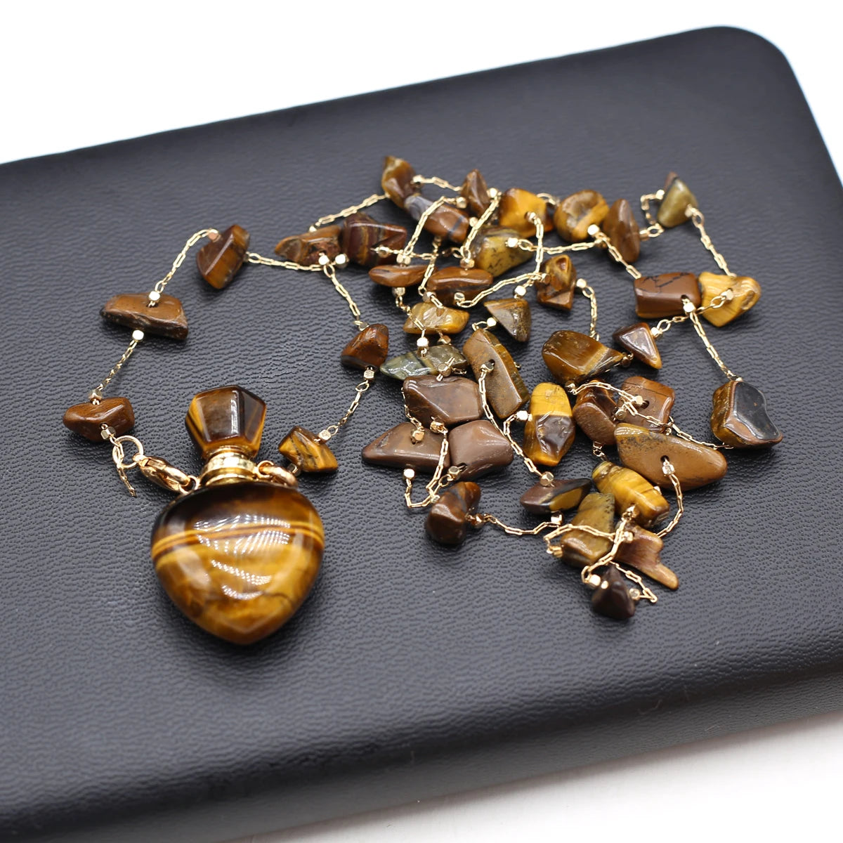 Perfume Bottle Necklace Natural Stone Tiger Eye Perfume Bottle Pendant For Women Christmas Halloween Gift Chain 80cm Quake