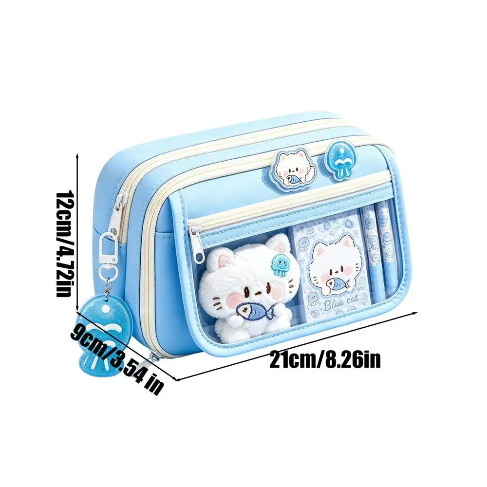 Pencil Bag Zipper Cat Large Capacity Multi-Compartment Organizer Kids School Pen Case Pencil Pouch for Boys Girls Student School Quake Blue