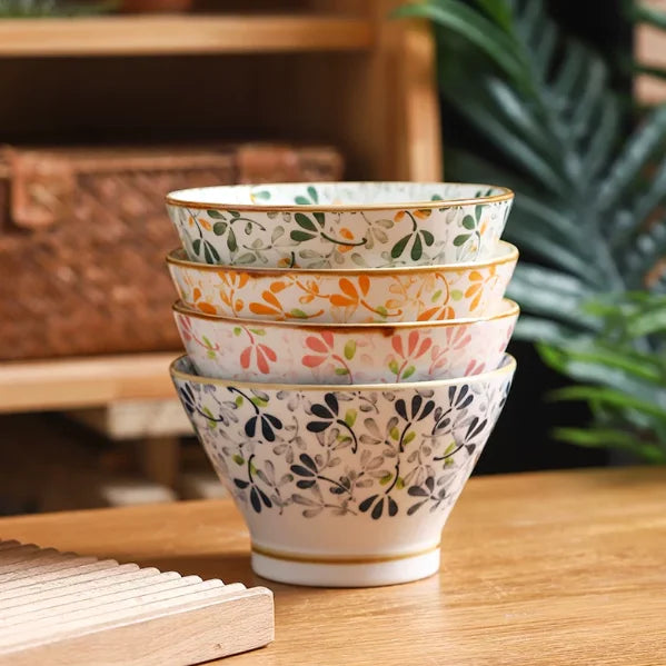 5 Inch Colorful Floral Ceramic Cone Bowls Vintage Japanese Porcelain Rice Soup Bowl Oven Microwave Safe Household Tableware Quake Four bowls 5 inch