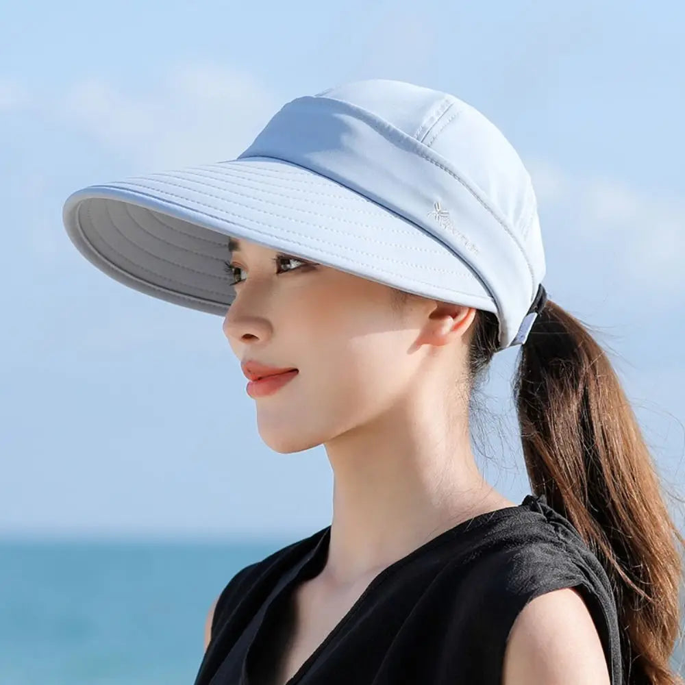 Outdoor Wide Brim Women Summer Sun Hat UV Protection Detachable Empty Top Ponytail Cap Foldable Adjustable Beach Cap Quake blue