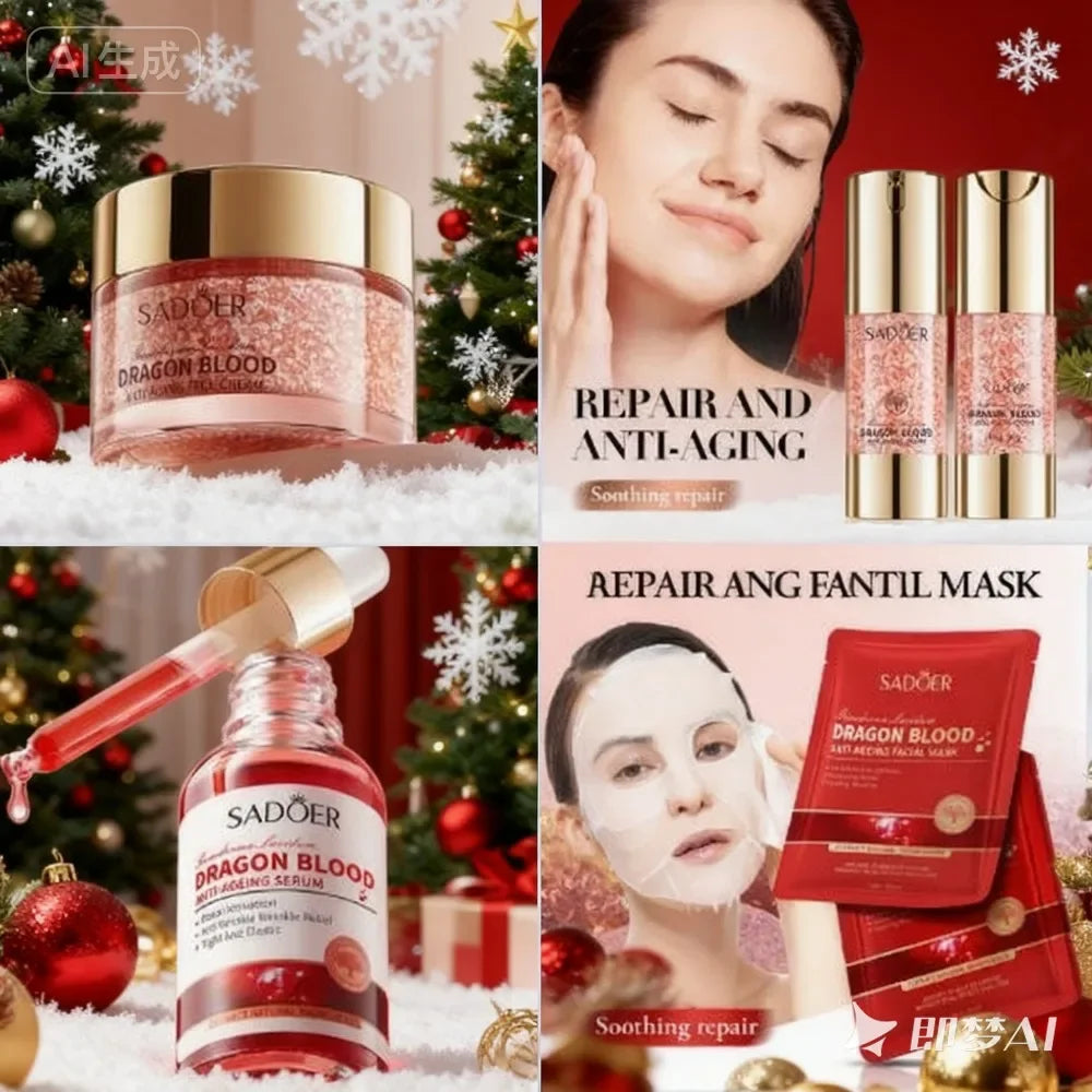 SADOER Dragon Blood Anti-Wrinkle Serum And Facial Cream Set with 2 Hydrating Masks - Lifting And Firming 10 Piece Total - 4 Sets Quake