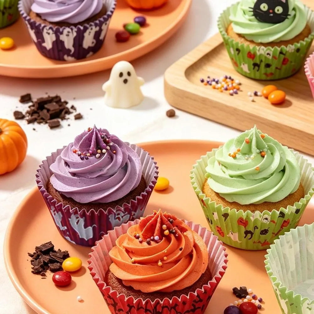 100PCS Halloween Cupcake Wrappers Toppers Pumpkin Ghost Cupcake Wrap Liners Halloween Party Dessert Cake Decoration Baking Cup Quake