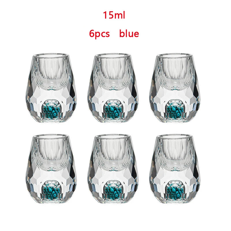 YWDL 6pcs 15ml Liquor Crystal Glasses Set Diamond Cutting Vodka Shot Glass Whiskey Sake Soju Brandy Tea Cup Wine Glasses Quake blue