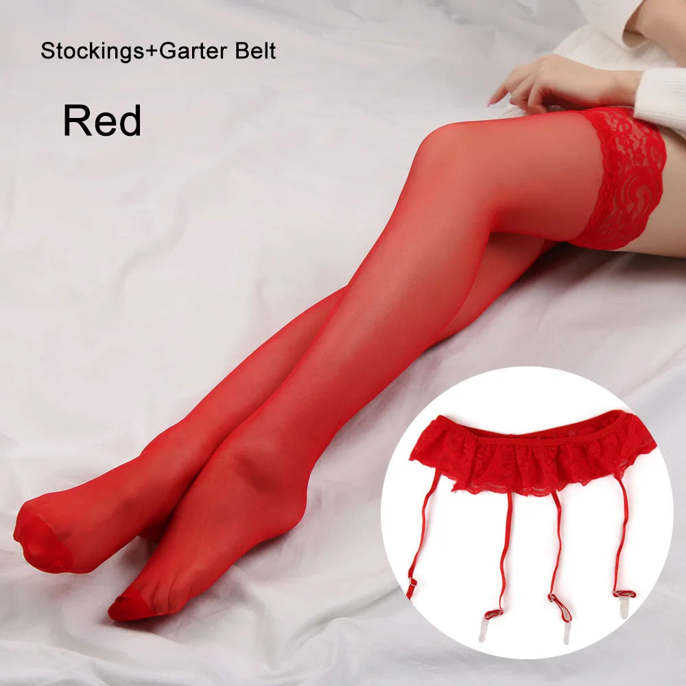 Womens Sexy Hot Lace Top Thigh-Highs Stockings Socks+Suspender Garter Belt Quake Red