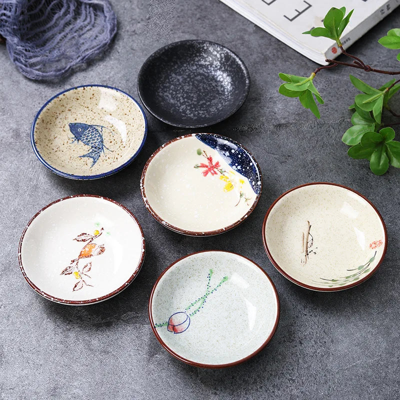 3.5in Japanese Ceramic Round Sauce Dish Vintage Soy Sauce Seasoning Household Dip Dish Sushi Sauce Snack Serving Dish Tableware Quake
