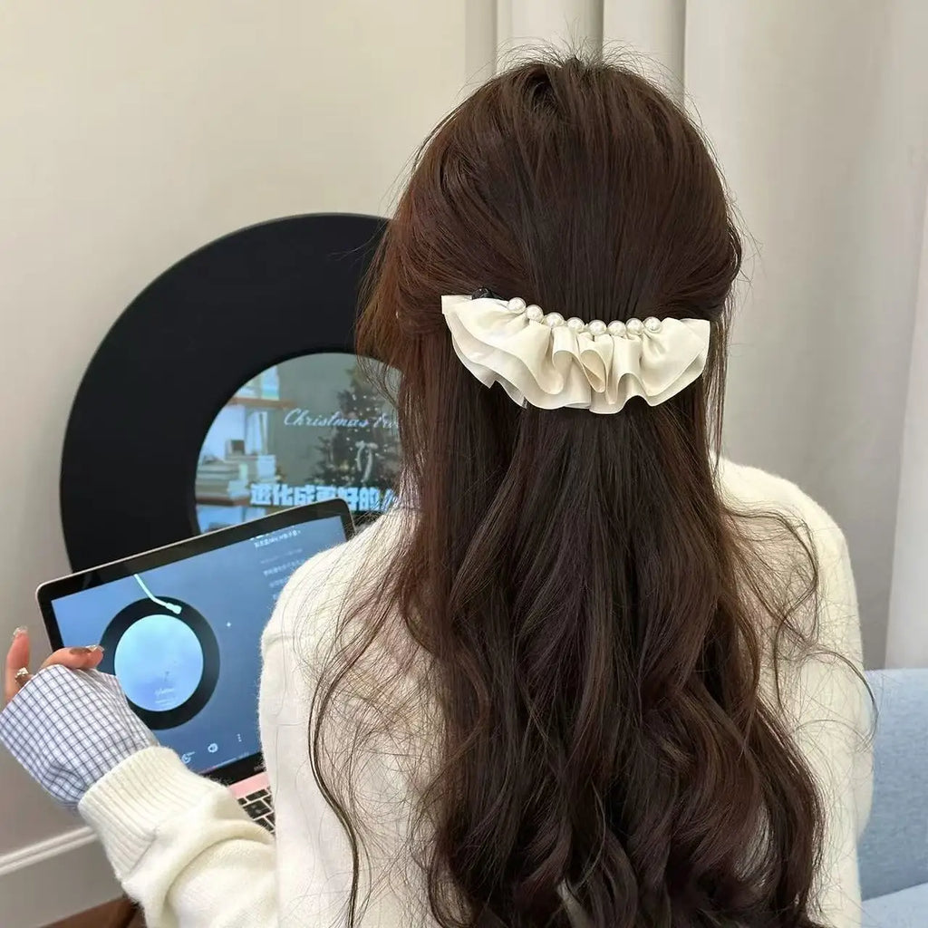 Solid Satin Pearl Pleated Banana Clip for Women Sweet Princess Back Head Ponytail Clip Vertical Clip Hair Styling Accessories Quake