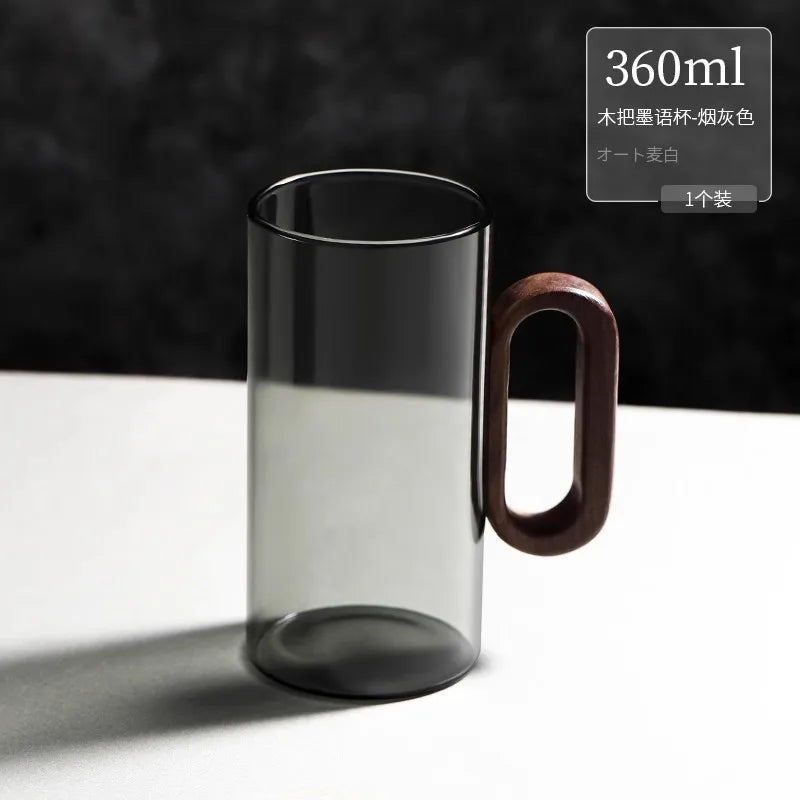 YWDL 360ml High Borosilicate Glass Tea Cup Heat-Resistant with Wooden Handle for Household Drinking Coffee Mug for Breakfast Quake black 360ml