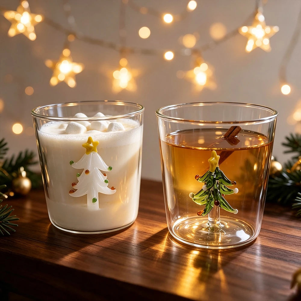 YWDL Christmas Glass Cup 300ml 3D Handmade Glass Figurine Inside Borosilicate Tumbler Xmas Tree Santa Drinking Gift Home Decor Quake