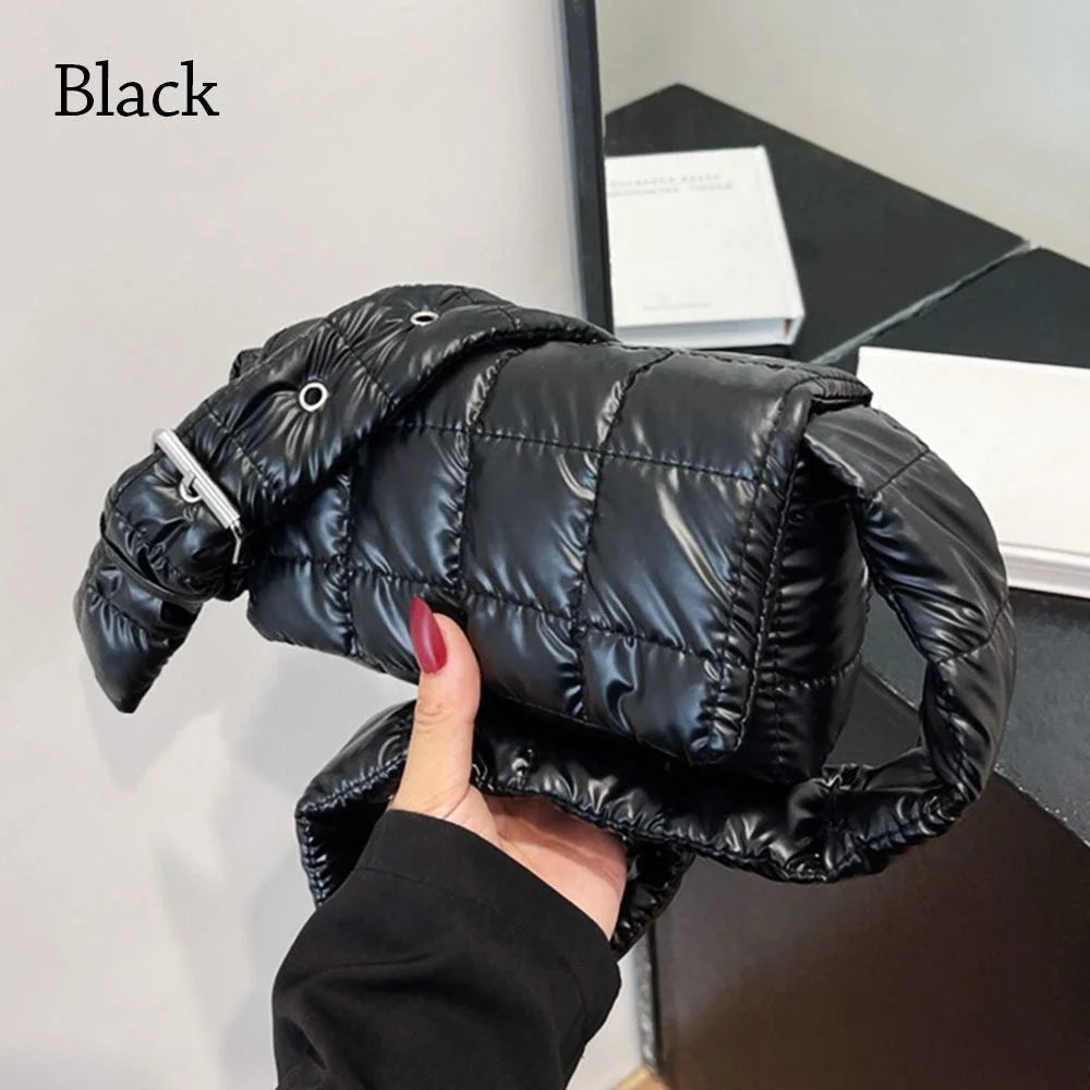 Fashion Quilted Tote Bag Winter Lightweight Warm Down Cotton Padded Plaid Shoulder Bags Women Underarm Bags Puffy Handbags Quake black