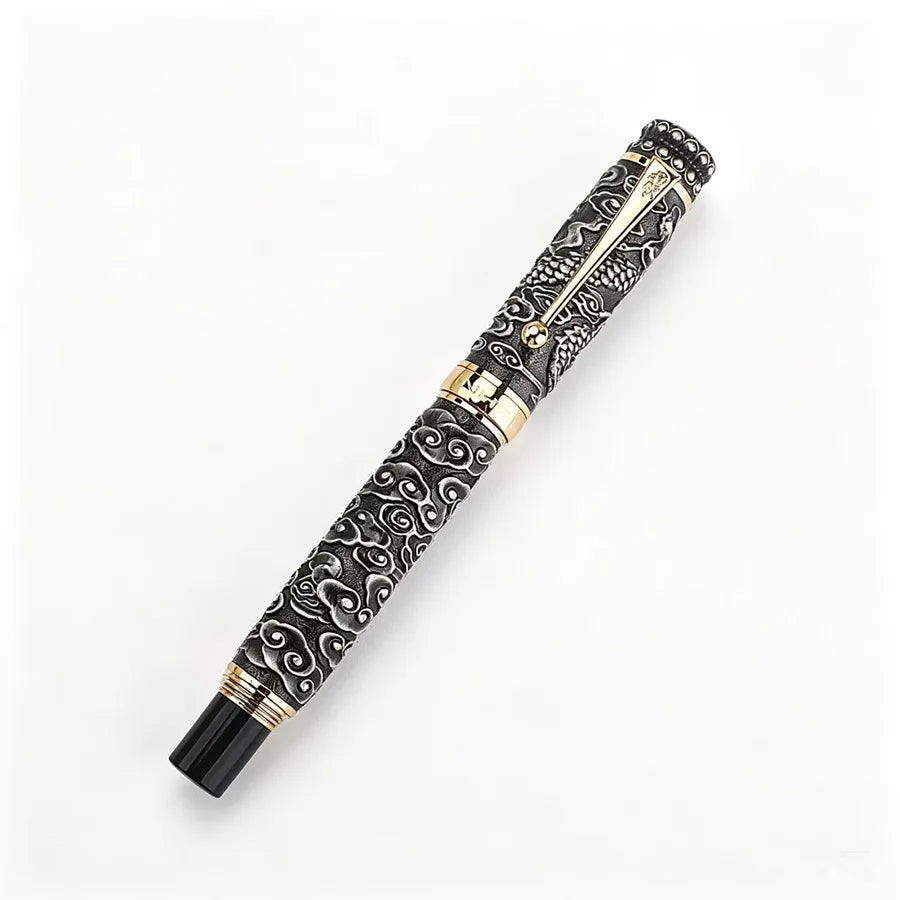 Jinhao Luxury Embossed Dragon Cloud Fountain Pen Vintage Antique Metal Carved M Nib Business Gift Calligraphy Writing Ink Pen Quake