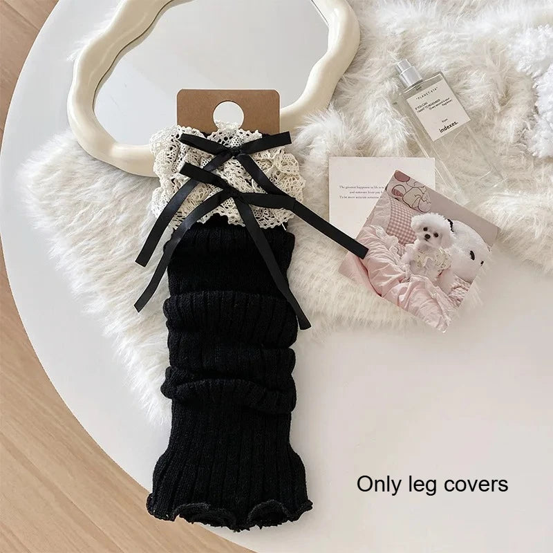1 pair Y2K Lace Ribbon Leg Warmers Women Autumn Winter Ballet Style Lolita Knee Warmers JK Knitted Long Stockings Quake black One Size