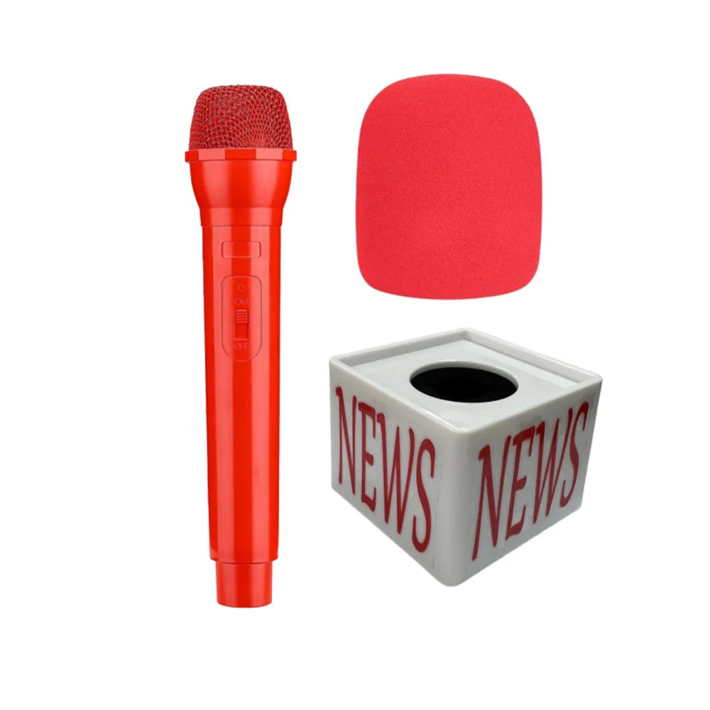 3pcs Novelties Fake Microphone Prop with Real Sponge & Mic Flags Station,Fake News Mic,Plastic Realistic Mic,News Mic Props Quake black