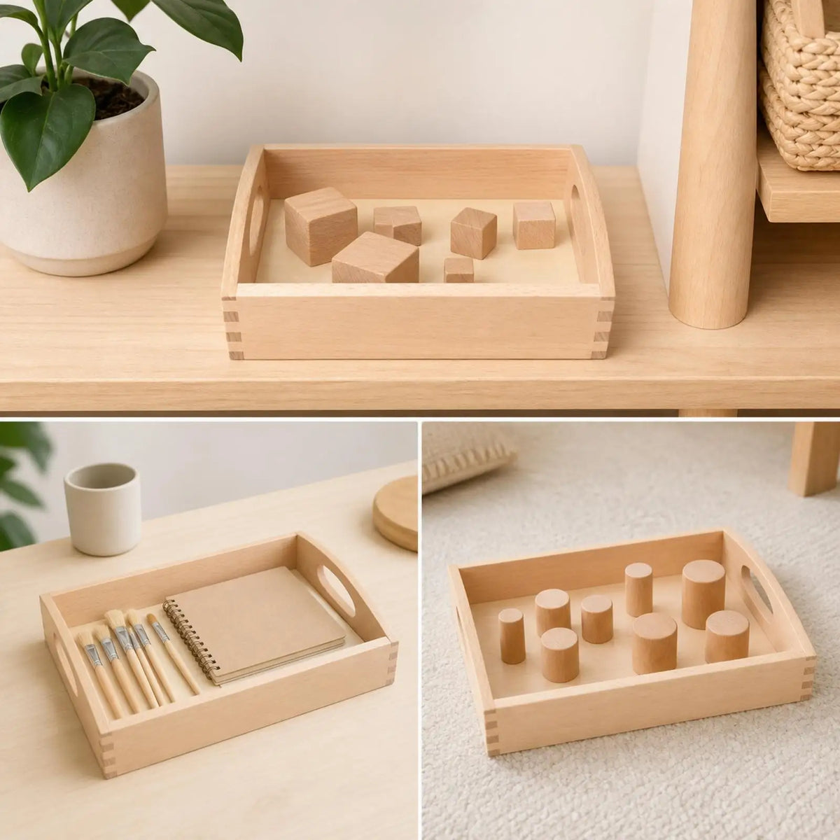 Educational Learning Kids Toy Wooden Montessori Teaching Tray Sensory Tray with Handles for Classroom Activity Quake