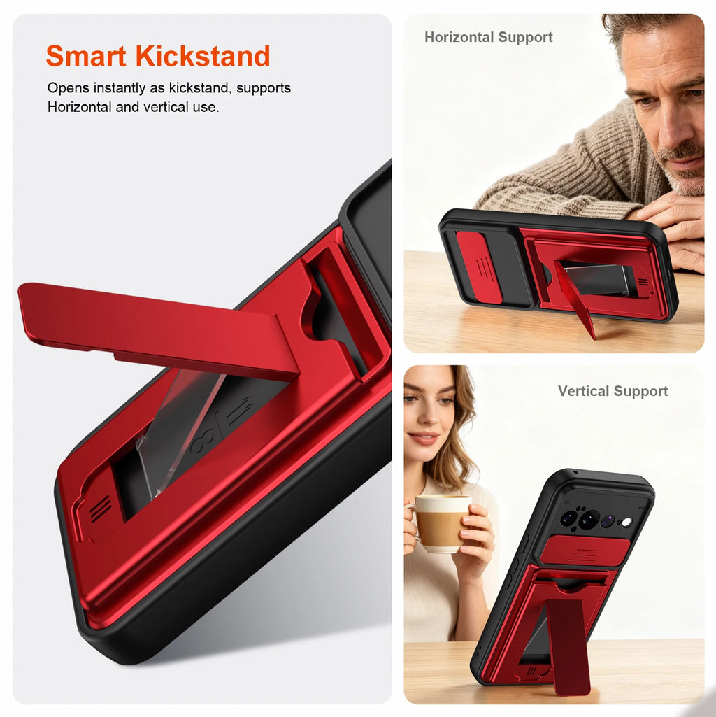 Foldable Stand + Card Holder Phone Case for Google PIXEL11PRO XL Shockproof Soft Hard 2-In-1 Phone Protector, Durable phone case Quake