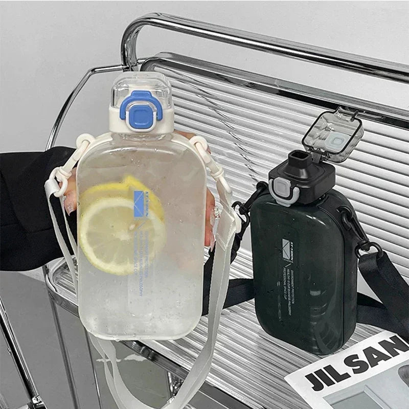 Flat Square Transparent Water Bottle Portable Travel Canteen with Adjustable Strap Elegant Slim Bottle for Sport Camping Quake