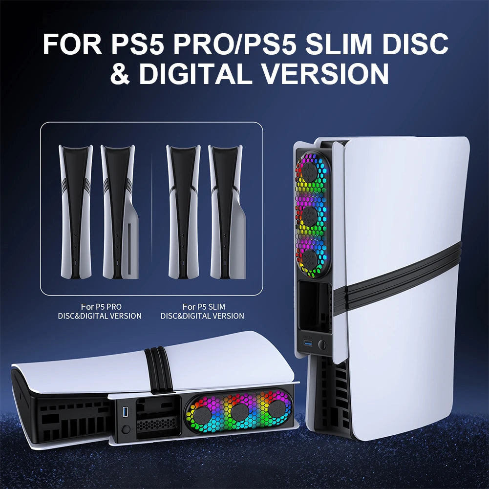 For PS5 Pro/PS5 Slim Cooling Fan External Fan Cooler with USB Port & RGB Light for Playstation 5 Pro/Slim Disc & Digital Edition Quake