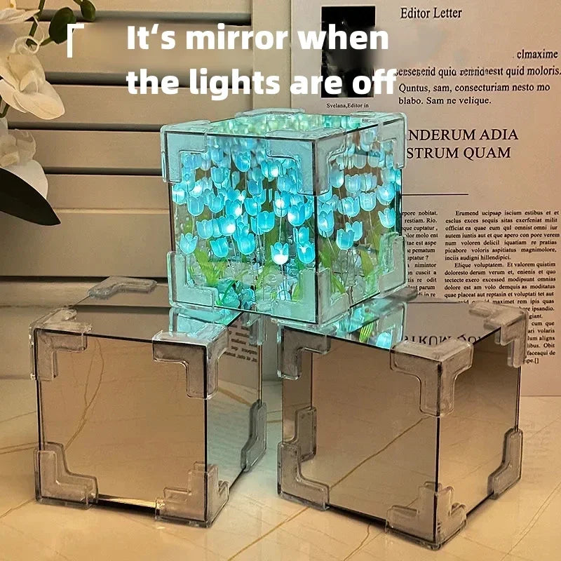 DIY Creative Tulip Flower Sea Cube 3D Small Night Lamp for Bedroom Handmade Craft Tulips for Girlfriend Couple Birthday Gift Quake