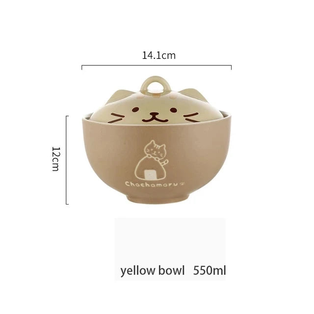 YWDL 550ml Cartoon Cat Ceramic Instant Noodle Bowl With Lid Underglaze Color Soup Salad Bowl Kitchen Office Student Lunch Box Quake yellow