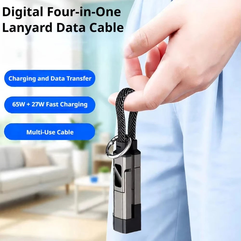 4-in-1 Keychain Charging Cable LED Digital Display 65W Super Fast Charging Braided Zinc Alloy Multi Charger Cord Quake