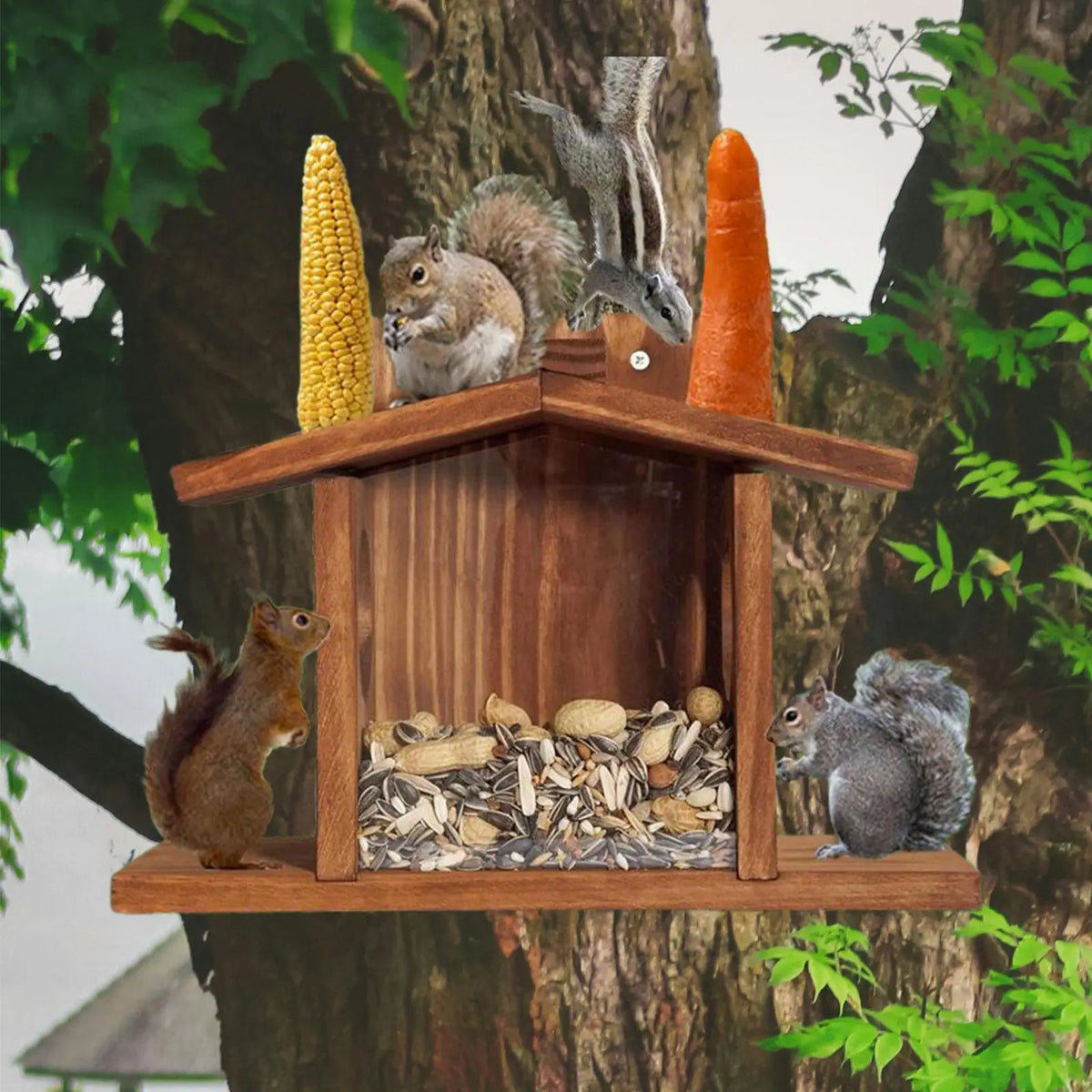 Wood Squirrel Feeder Garden Decoration for Peanut and Corn Feeding House for Outside Winter Backyard Garden Squirrel Lovers Quake