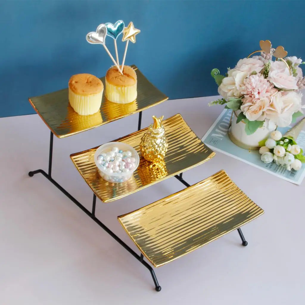 3 Tiers Fruit Basket Stand Holder Ceramic Countertop Fruit Dish Vegetables Quake Golden