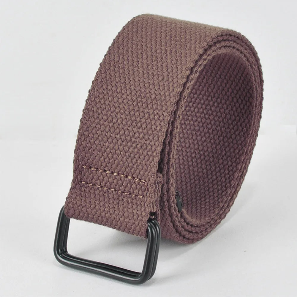 Fashion Free Punch Canvas Belt Double Ring Buckle Cotton Canvas Buckle Belt Cloth Fabric Best Canvas Belts Men's Quake Brown 130cm