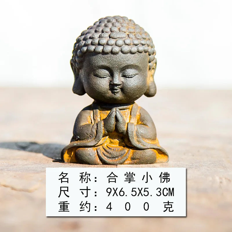 Chinese Zen Style Small Buddha Desktop Home Living Room Small Ornament Tea Pet Vintage Craft Decoration Display Quake Buddha natural Rust