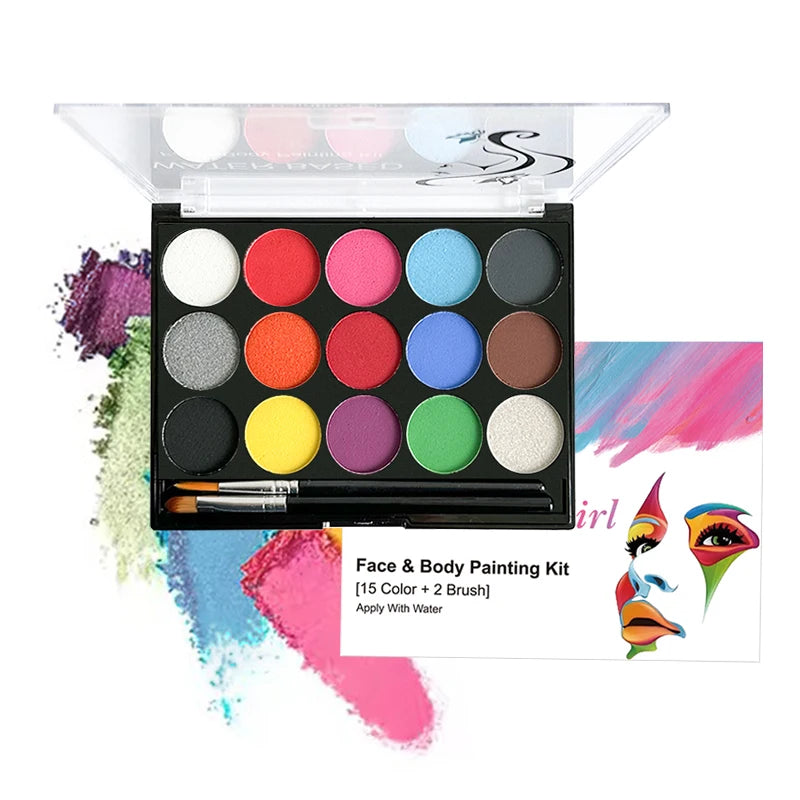 15 Colors Face Painting Palette Body Makeup Non Toxic Water Based Paint With Brush For Christmas Halloween Party Body Painting Quake 15 color