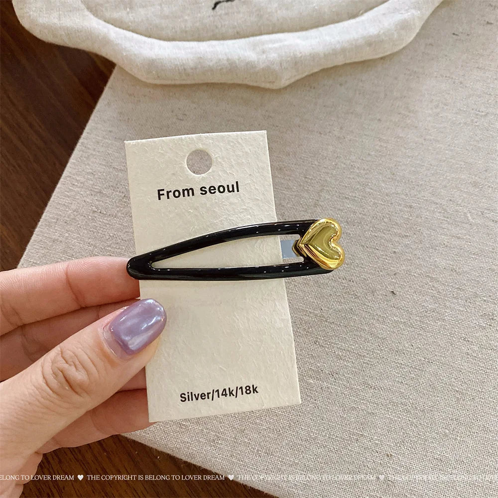 Golden Heart-shaped Black BB Clip Korean Fashion Simple Forehead Bangs Side Clip Women Girls Versatile Hair Styling Accessories Quake
