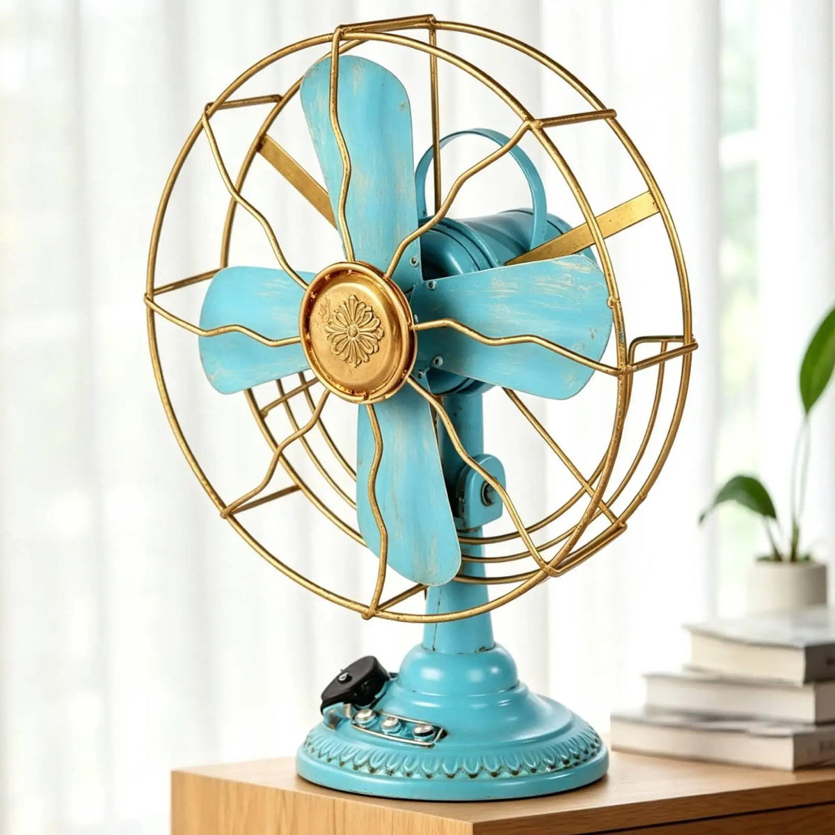 Tabletop Fan Ornament Vintage Style Home Decoration for Shelves Restaurants Quake MandBlue
