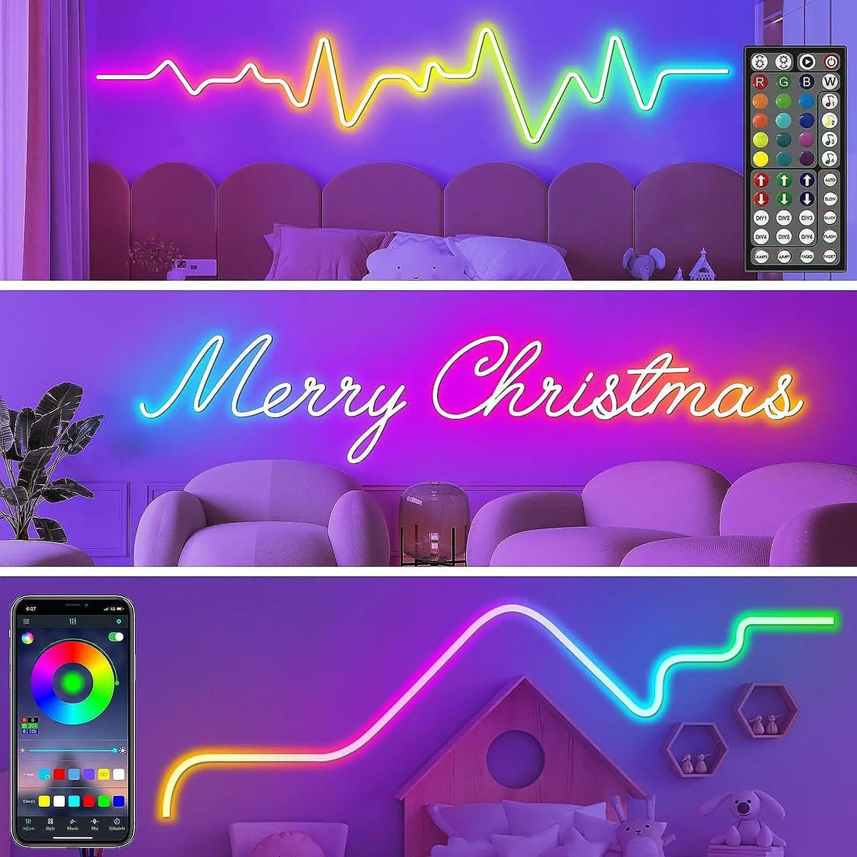 LED Neon Rope Lights with Remote Control Waterproof RGB Neon Light 15Meters LED Rope Lights for Bedroom Bar Office Gaming Party Quake 100V-240V US Plug