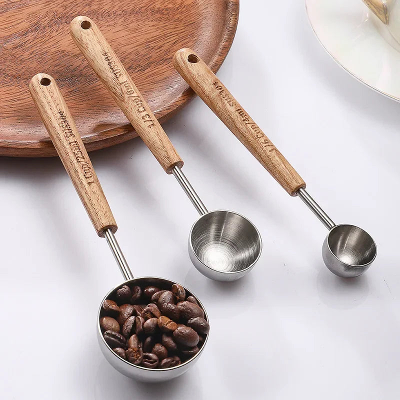 Wood‑Handle 304 Stainless Steel Measuring Spoon Scale Mark Coffee Powder Seasoning Baking Tool Measuring Spoon Quake