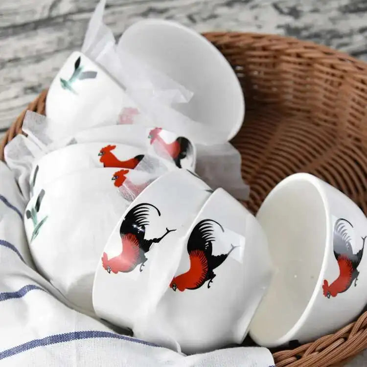 Culture Soup Bowl Chicken Noodle Bowl Nostalgia Classic Rooster Ceramic Bow Straight Mouth Rice Bowl Tableware Quake