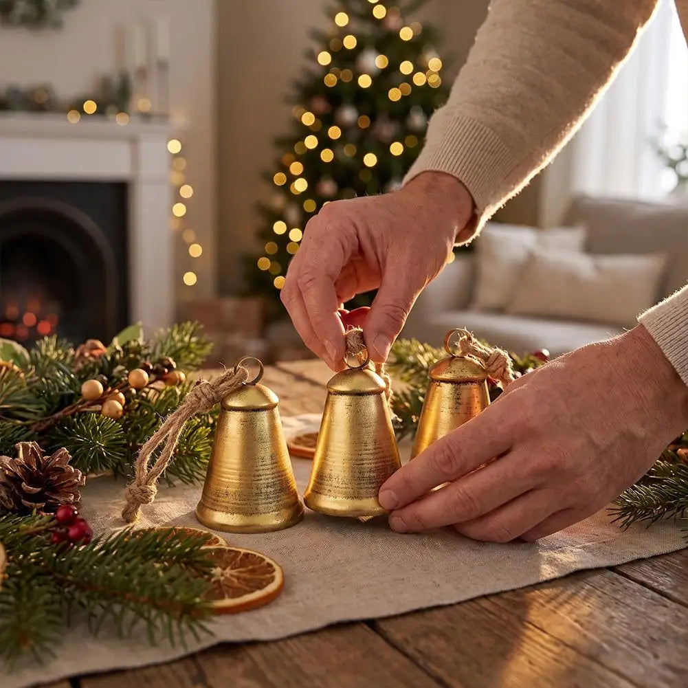 Vintage Christmas Bell Set 3Pcs Rustic Metal Hanging Bells Jute Rope Pendant for Front Door Tree Fireplace Farmhouse Decor Quake