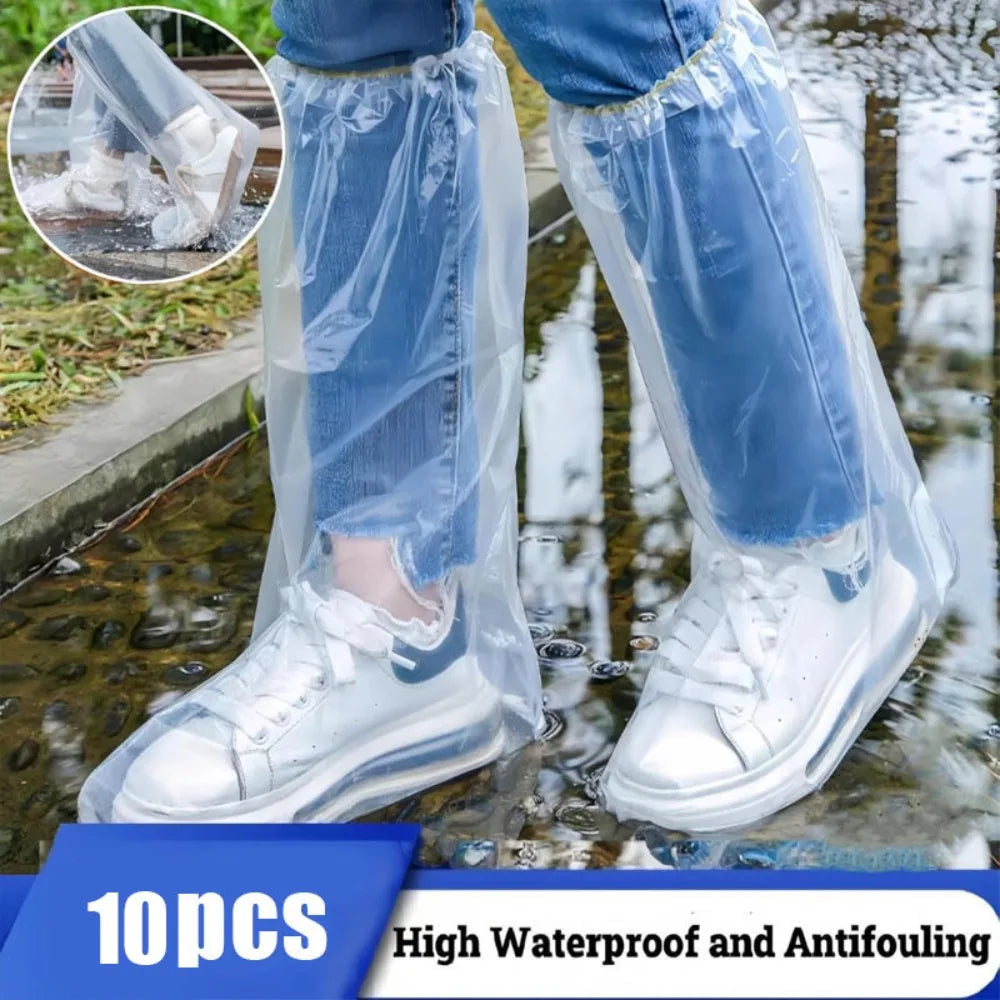 10Pcs Waterproof Rain Shoes Cover Thickened Transparent Disposable Shoe Cover with Rubber Band Wear-resistant Long Boot Covers Quake 10Pcs
