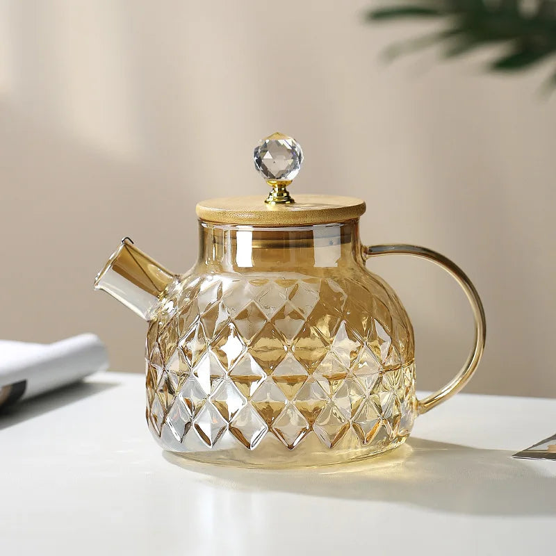 Glass Tea Kettle With Bamboo Lid And Removable Filter Spout Champagne Teapot For Loose Leaf Blooming Tea And Fruit Tea 1/15/1.8L Quake 1L