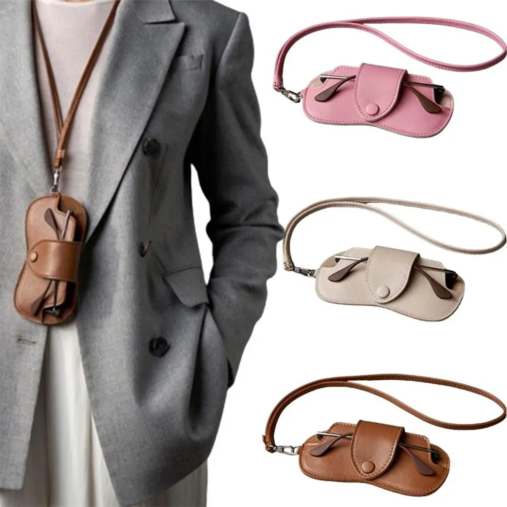 PU Leather Sunglasses Storage Bag with Lanyard Durable Sunglasses Pouch Solid Color Portable SunGlasses Holder Quake
