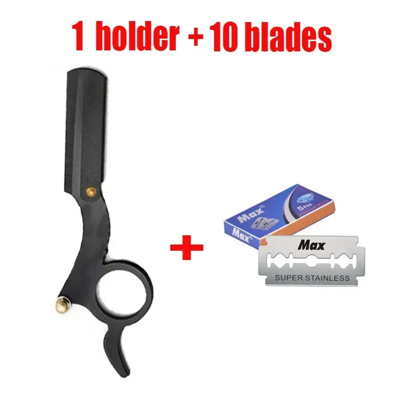 Hairdressing Stand Edge Haircutting bladStainless Steel Classic 1+10pcs Shaving Razor for Thumb Double Bald Head Eyebrow Shaping Quake 1 set