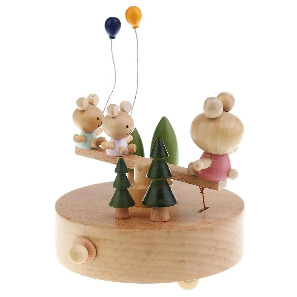 Wooden Music Box Wood Craft Decoration Birthday Christmas Gift for Kids Quake Bear Seesaw 11x15cm