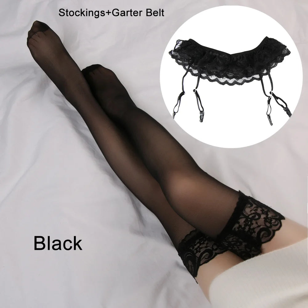 Womens Sexy Hot Lace Top Thigh-Highs Stockings Socks+Suspender Garter Belt Quake Black