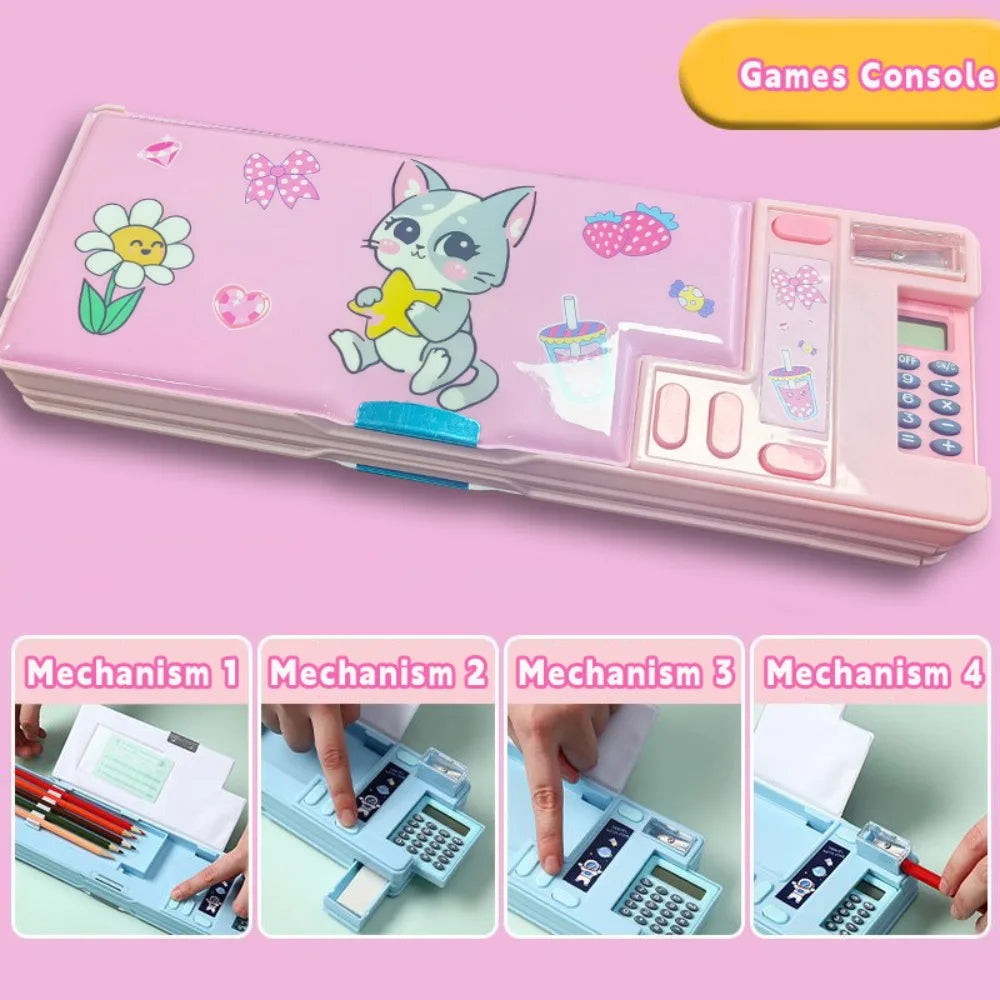 Plastic Pencil Case Fun Mechanism Design Double Sided Use Stationery Storage Box Large Capacity With Calculator/Pencil Sharpener Quake Little Cat