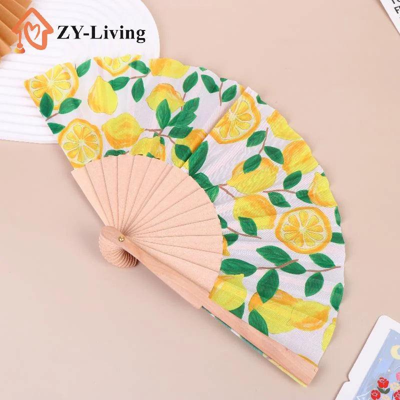 1Pcs Lemon Print Folding Hand Fan Fruit Pattern Bamboo Fabric Handheld Fan For Summer Cooling Dance Performance Party Decor Quake