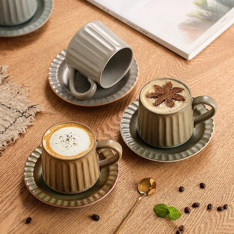 Japanese Retro Coarse Ceramic Cup Saucer Set Vintage Vertical Striped Mug Home Afternoon Tea Coffee Cup for Household Use Quake