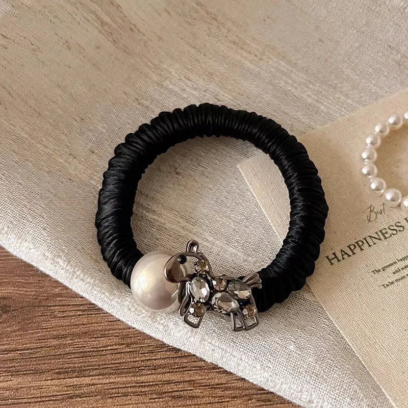 Rhinestone Pearl Horse Hair Ties for Women Elegant Elastic Rubber Bands Sweet Cute Animal Decoration Hair Accessories for Daily Quake black