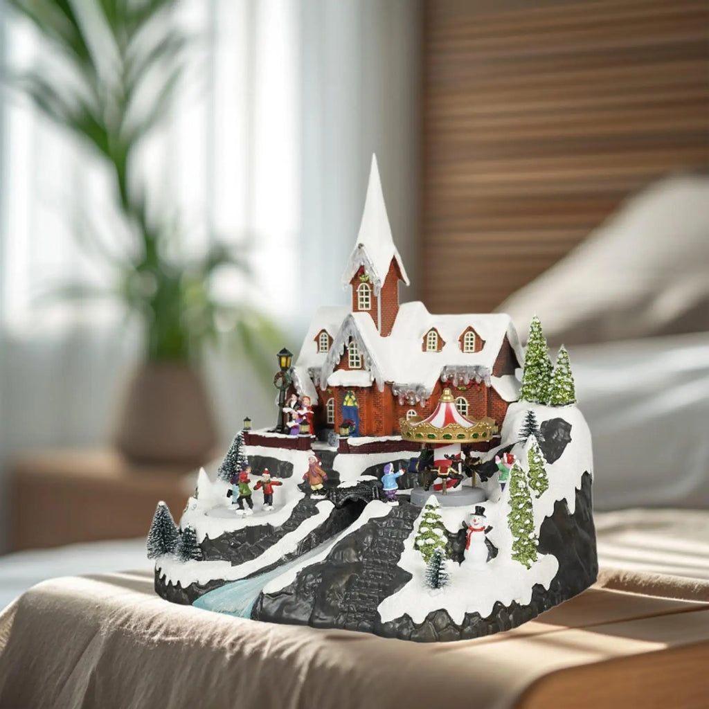 Christmas Village House Figurine Rotatable Skaters Table Centerpiece Sculpture for Shelf Fireplace Xmas Decor Bedroom Indoor Quake