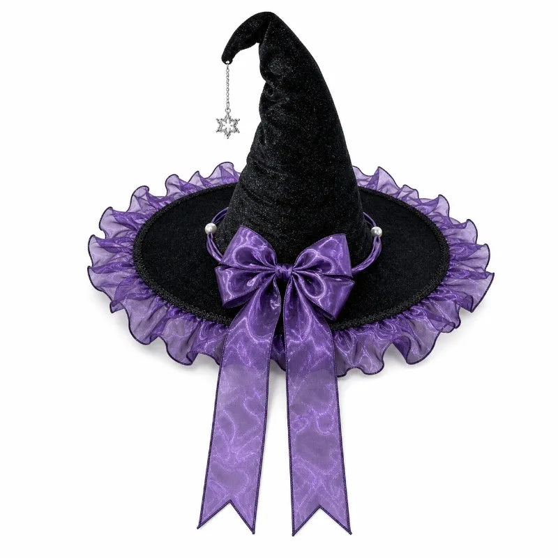 Halloween Witch Wizard Party Hat Black Purple Bow Gothic Lolita Cosplay Costume Headwear for Festival Party Decoration Quake PURPLE