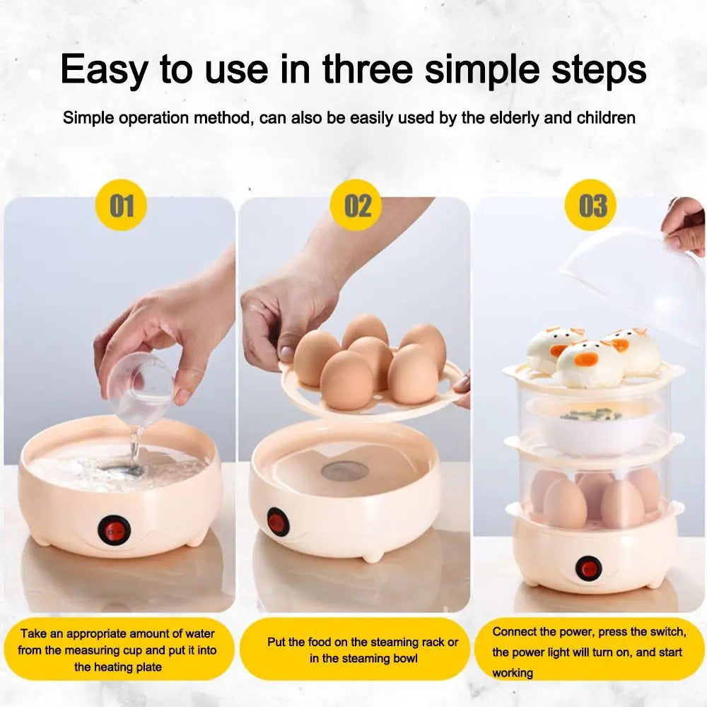 Portable Automatic Power Off Egg Boiler Multi-layer Mini Breakfast Machine with Measuring Cup Egg Steamer for Home Dormitory Quake