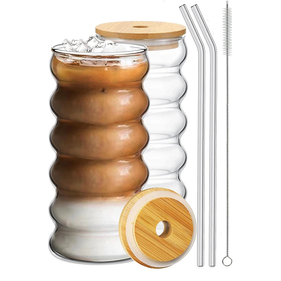 YWDL 350/480ml Heat-Resistant Wave Cup Set of 2 with Lid And Straw Beer Juice Ice Coffee Cocktail Fruit Glass Drinkware Quake